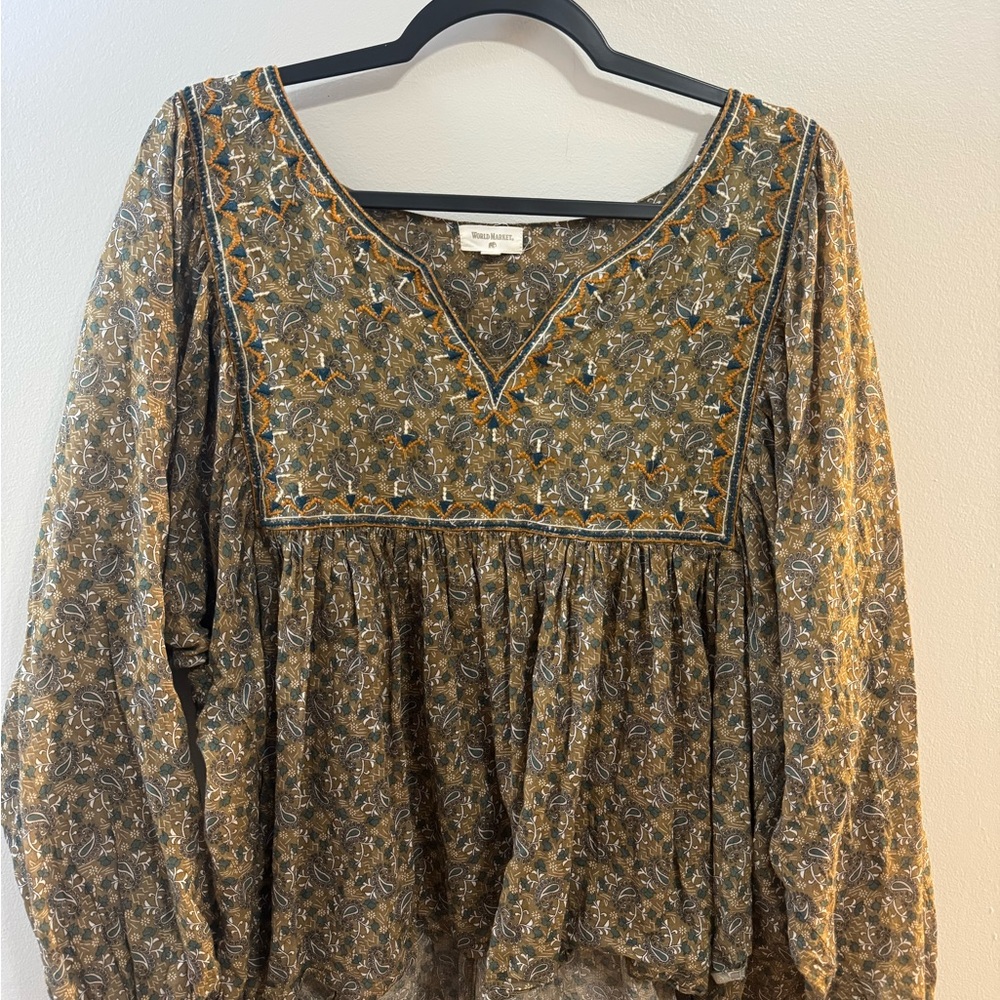 World Market Stella Olive Green and Teal Embroidered Paisley Top